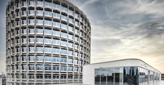 View of Space House office tower from the roof of adjoining building.