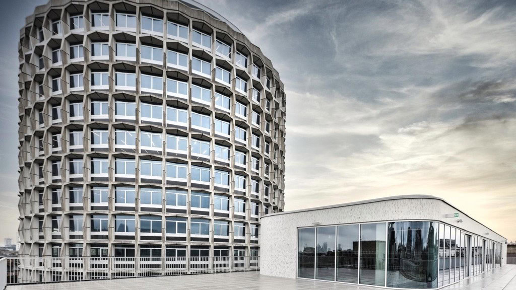 View of Space House office tower from the roof of adjoining building.