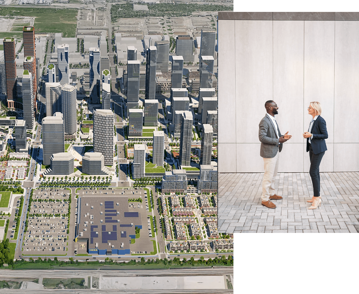 1. An aerial view of a cityscape featuring numerous skyscrapers and modern buildings. In the foreground, there is a large parking area and a few low-rise structures. The city is surrounded by greenery. 2. Two people in business attire talking outside on paved path next to a building.