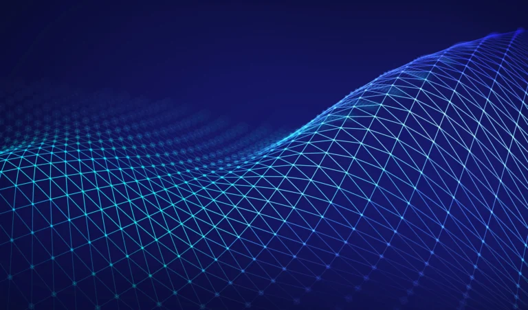 Abstract blue digital wave formed by a mesh of glowing connected lines and nodes on a dark blue background.