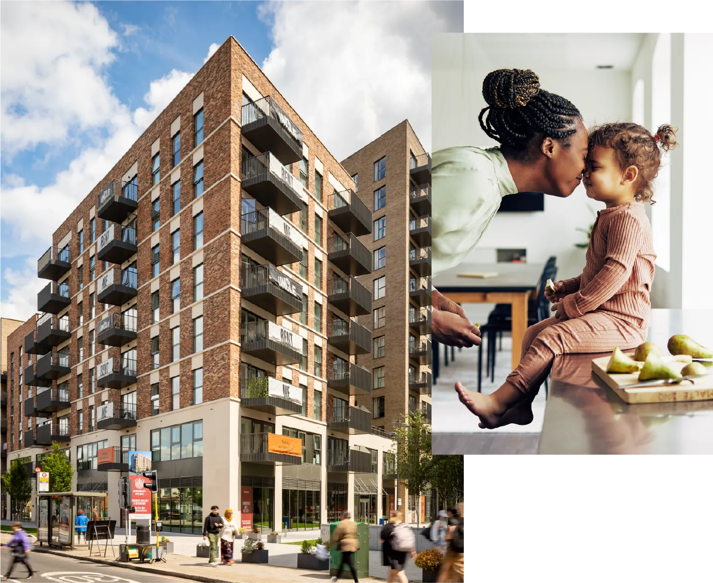 Composite image featuring a modern apartment building alongside a parent and young child touching foreheads in a bright home setting.