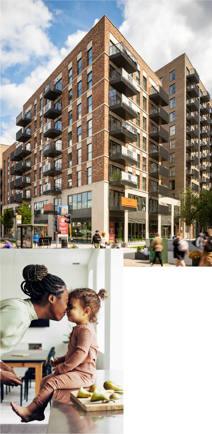 Composite image featuring a modern apartment building alongside a parent and young child touching foreheads in a bright home setting.