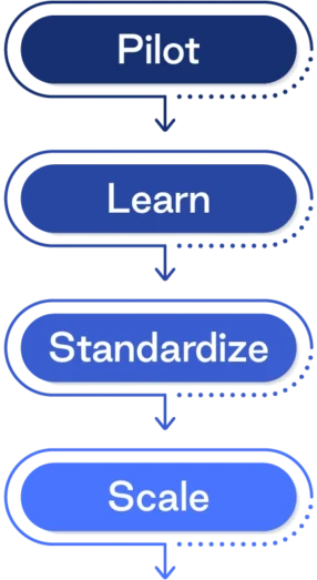 Vertical process diagram showing four connected stages: Pilot, Learn, Standardize, and Scale. Each stage appears in a blue rounded rectangle, connected by downward arrows to illustrate a progression from piloting an initiative through learning, standardization, and scaling.