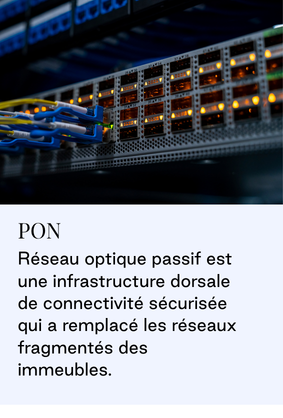 Gros plan d’équipements réseau et de câbles de fibre optique connectés à un commutateur. PON : infrastructure de connectivité sécurisée qui remplace les réseaux fragmentés des immeubles.