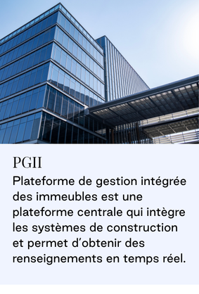 Photographie d’un immeuble de bureaux moderne à façade vitrée avec entrée couverte. PGII : plateforme centrale qui intègre les systèmes du bâtiment et fournit des renseignements en temps réel.