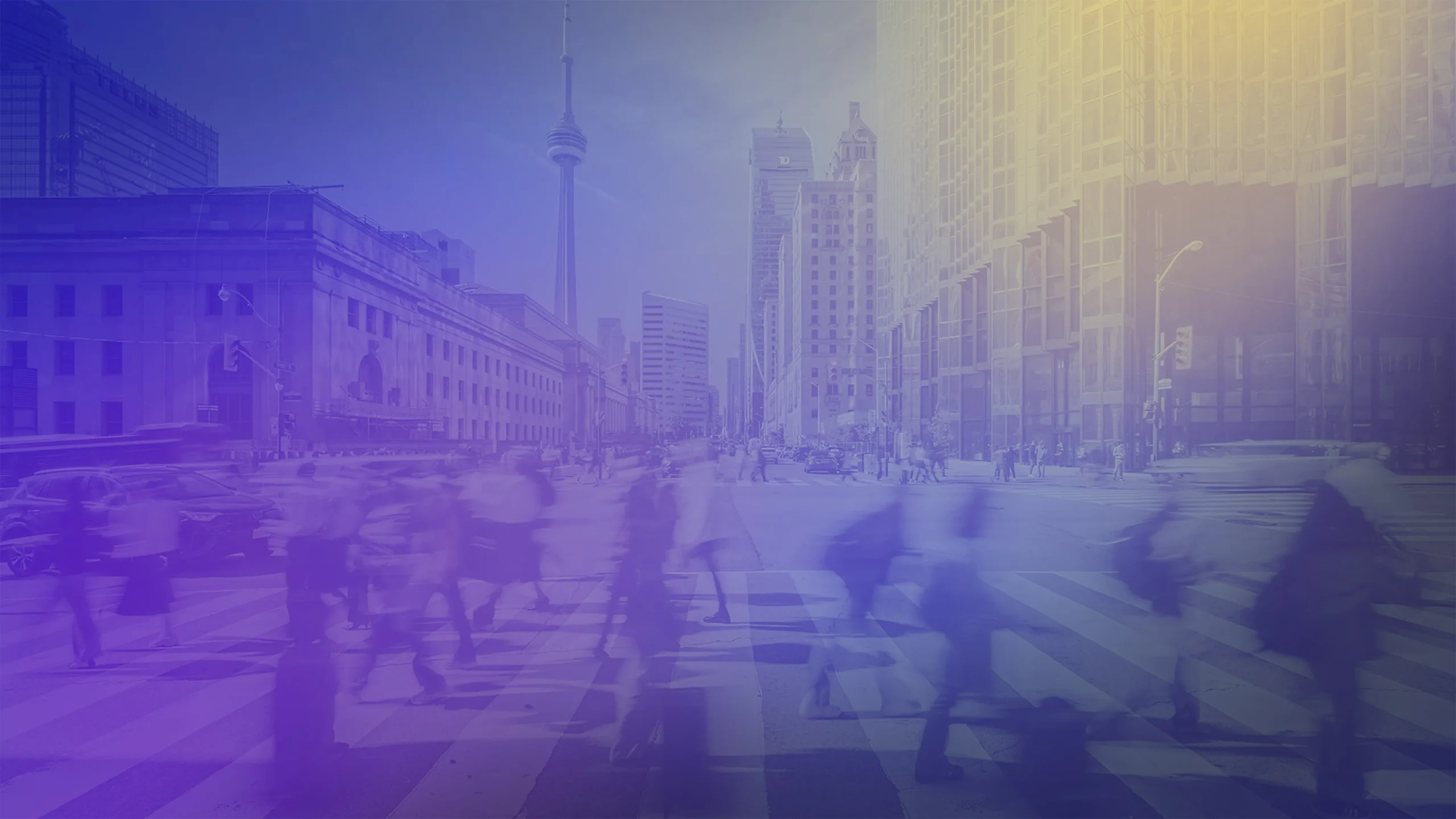 Blurred pedestrians cross a busy downtown Toronto intersection beneath the CN Tower, with modern city buildings and a blue-purple gradient overlay creating a dynamic urban backdrop.