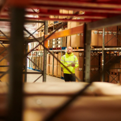 Worker in a high-visibility jacket inspecting inventory in a large warehouse aisle filled with stacked boxes and shelving.