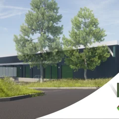 A modern building with trees.